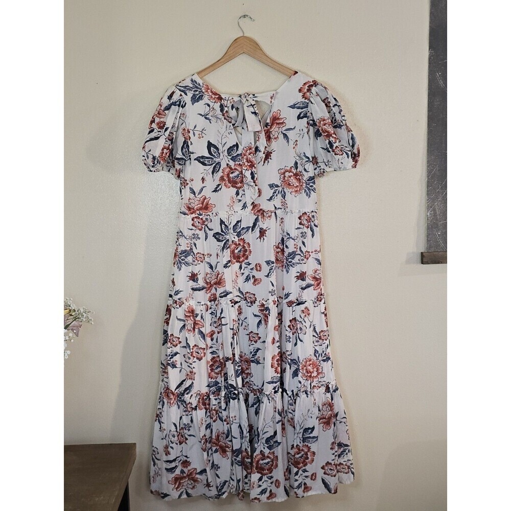 Lucky Brand Floral Tiered Midi Dress Puff Sleeve Cotton Blend Womens Size Small - Picture 8 of 14